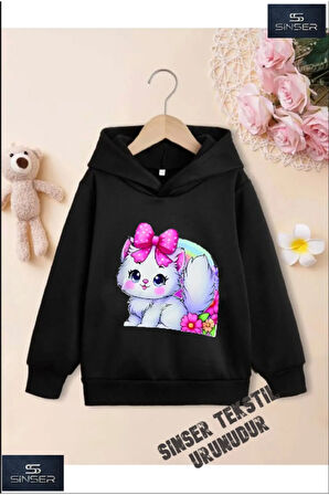 Kız/Erkek Çocuk Beyaz Kapüşonlu ''KEDİCİK SEVIML KRDLL'' Baskılı Sweatshirt