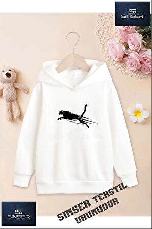 Kız/Erkek Çocuk Beyaz Kapüşonlu ''JAGUAR CIZGILI'' Baskılı Sweatshirt