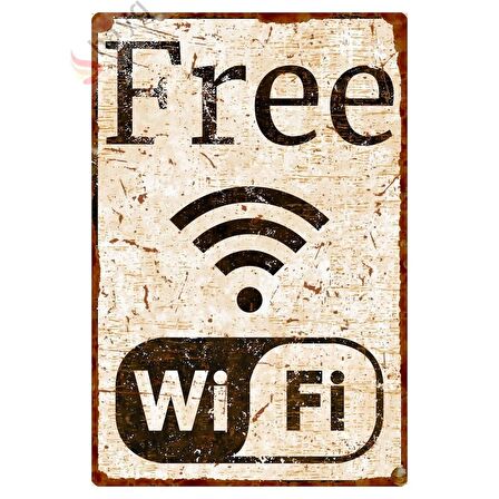 Free WiFi Pas Görünümlü Dekoratif Metal Levha - Vintage Tarzı Alüminyum Tabela - 20cm x 30cm