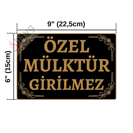 Özel Mülktür Girilmez Dekoratif Alüminyum Tabela - UV Baskılı Metal Uyarı Levhası - Siyah & Altın - 15cm x 22,5cm