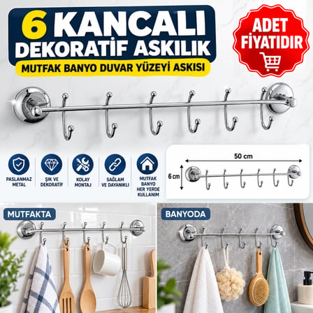 6 Kancalı Dekoratif Askılık Mutfak Banyo Duvar Yüzeyi Askısı