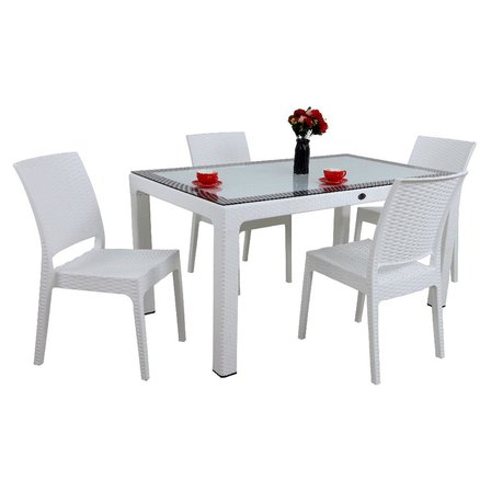 Mandella Elit Rattan 90x150 4 kişilik Elit Sandalye Camlı Masa Takımı Beyaz