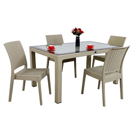 Mandella Elit Rattan 90x150 4 kişilik Elit Sandalye Camlı Masa Takımı Cappucino