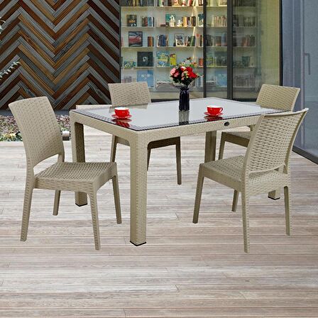 Mandella Elit Rattan 90x150 4 kişilik Elit Sandalye Camlı Masa Takımı Cappucino