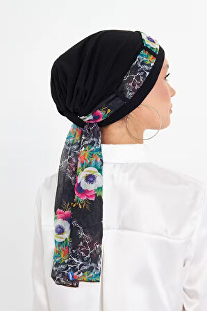 Siyah Pratik Hazır Geçmeli Tesettür Bone Sandy Kumaş Desenli Şifon Kemerli 1205D_01