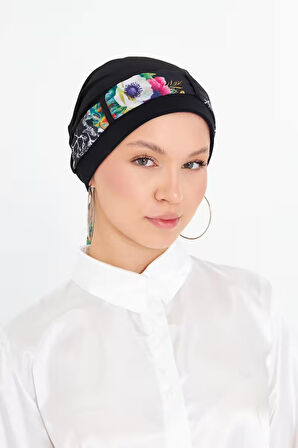 Siyah Pratik Hazır Geçmeli Tesettür Bone Sandy Kumaş Desenli Şifon Kemerli 1205D_01