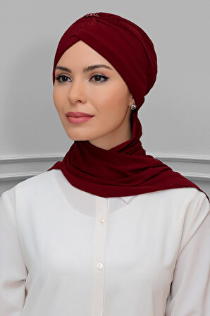 Bordo Pratik Hazır Geçmeli Tesettür Bone Sandy Kumaş Taçlı Büzgülü Şifon Atkılı 1208A_16