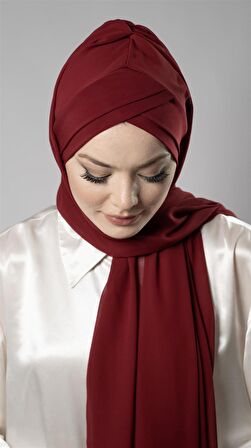 Bordo Pratik Hazır Geçmeli Bone Şal Şifon Kendinden Boneli İki Bantlı 1452_16