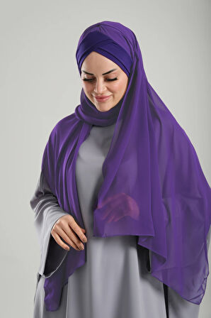 Mor Pratik Hazır Geçmeli Bone Şal Şifon Kendinden Boneli İki Bantlı 1452_22