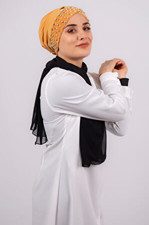 Gold Pratik Hazır Geçmeli Tesettür Bone Sandy Kumaş Taşlı 1456_03