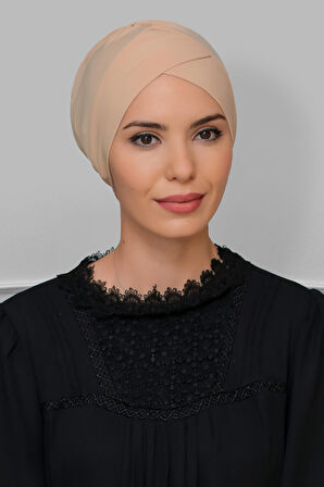 Sütlü Kahve Pratik Hazır Geçmeli Tesettür Bone Sandy Kumaş Çapraz Büzgülü 1801_26