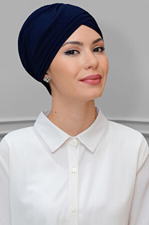 Lacivert Pratik Hazır Geçmeli Tesettür Bone Sandy Kumaş Üç Çapraz 1803_02