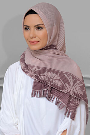 Pudra Pratik Hazır Geçmeli Tesettür Eşarp Kesik Elyaf Piliseli Çiçek Desenli 1818D3_06