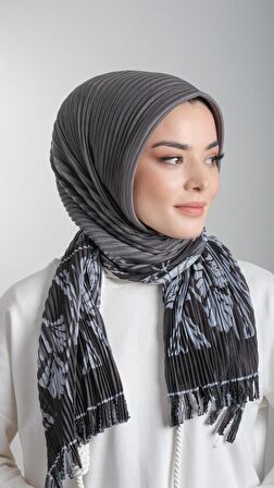 Füme Pratik Hazır Geçmeli Tesettür Eşarp Kesik Elyaf Piliseli Çiçek Desenli 1818D3_25