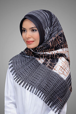 Siyah Pratik Hazır Geçmeli Tesettür Eşarp Kesik Elyaf Piliseli Çiçek Desenli 1818D4_01