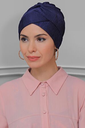 Lacivert Pratik Hazır Geçmeli Tesettür Bone Fukuro Piliseli Çapraz Büzgülü 1822_02