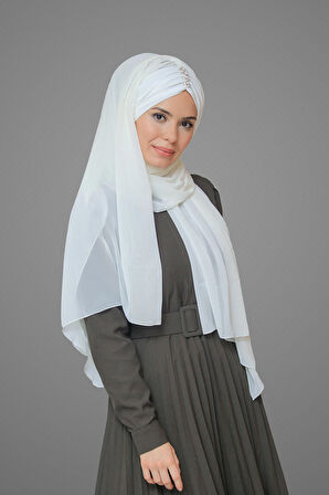 Krem Arkadan Bağlamalı Şal Şifon Pileli Taşlı Elişi İşlemeli 1840_40