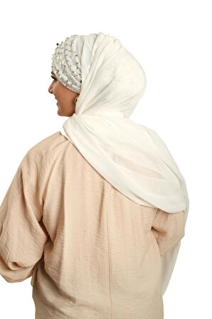 Beyaz Arkadan Bağlamalı Şal Şifon Pullu Pileli 1910_42