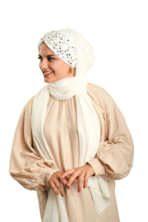 Beyaz Arkadan Bağlamalı Şal Şifon Pullu Pileli 1910_42