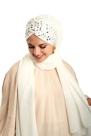 Beyaz Arkadan Bağlamalı Şal Şifon Pullu Pileli 1910_42