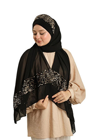 Siyah-Gold Arkadan Bağlamalı Şal Şifon Pullu Çapraz 1912_102