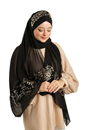 Siyah-Gold Arkadan Bağlamalı Şal Şifon Pullu Çapraz 1912_102