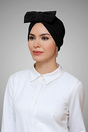 Siyah Pratik Hazır Geçmeli Tesettür Bone Sandy Kumaş Fiyonklu Büzgülü 7006_01