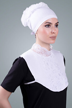 Beyaz Tesettür Boyunluk Viskon Kumaş Göğüs Dantelli 1005_42