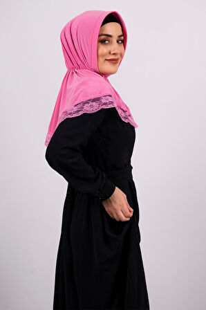 Pembe Pratik Hazır Geçmeli Tesettür Eşarp Viskon Kumaş Çıtçıtlı Dantelli 2105_04