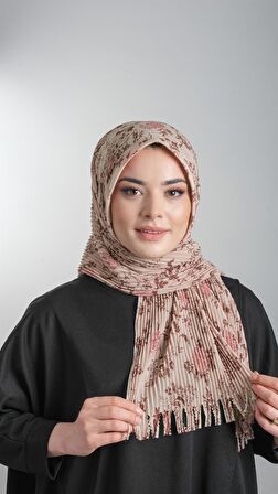 Bej Pratik Hazır Geçmeli Tesettür Eşarp Kesik Elyaf Piliseli Çiçek Desenli 1818D6_12