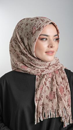 Bej Pratik Hazır Geçmeli Tesettür Eşarp Kesik Elyaf Piliseli Çiçek Desenli 1818D6_12