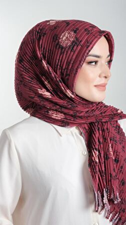 Bordo Pratik Hazır Geçmeli Tesettür Eşarp Kesik Elyaf Piliseli Çiçek Desenli 1818D6_16