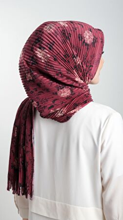 Bordo Pratik Hazır Geçmeli Tesettür Eşarp Kesik Elyaf Piliseli Çiçek Desenli 1818D6_16