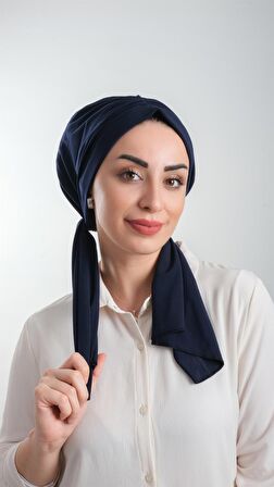 Lacivert Pratik Hazır Geçmeli Tesettür Bone Kesik Elyaf Sade 2111_02