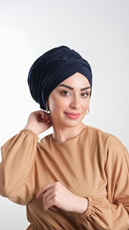 Lacivert Pratik Hazır Geçmeli Tesettür Bone Sandy Kumaş Büzgülü 2114_02