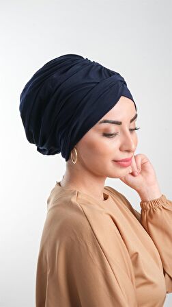 Lacivert Pratik Hazır Geçmeli Tesettür Bone Sandy Kumaş Büzgülü 2114_02