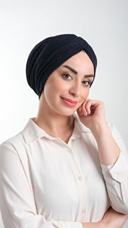 Lacivert Pratik Hazır Geçmeli Tesettür Bone Fukuro Simli Büzgülü 2116_02