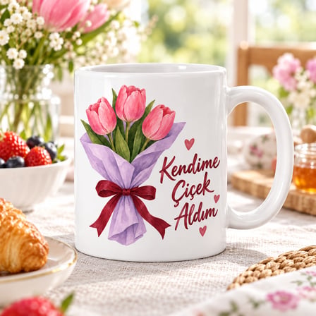 HOBİBAHÇEM Kendime Çiçek Aldım Tasarımlı Porselen Kupa - MODEL 473 HB006