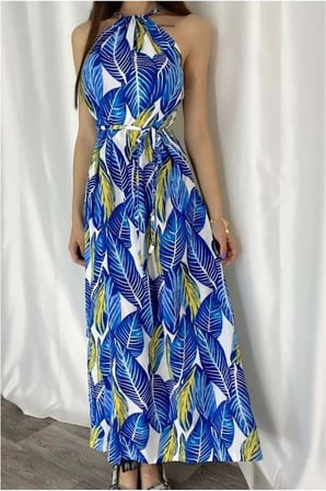 HOBİBAHÇEM Kadın Elbise Maxi Yaka Halter · Renk: Mavi · Beden: L HB006