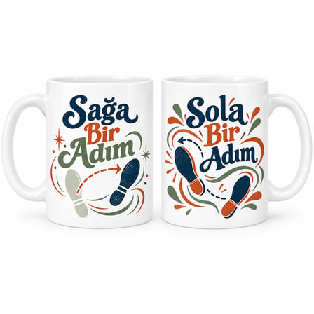 HOBİBAHÇEM Sağa Bir Adım ve Sola Bir Adım 2'li Porselen Kupa Seti - MODEL 555 HB006