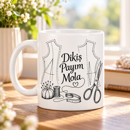 HOBİBAHÇEM Dikiş Payım Mola Tasarımlı Porselen Kupa - MODEL 531 HB006