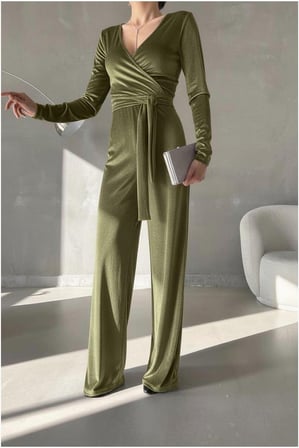HOBİBAHÇEM Esnek Kruvaze Tulum Kadife Maxi Kuşaklı Yaka Kumaş · Renk: Sarı · Beden: L HB006