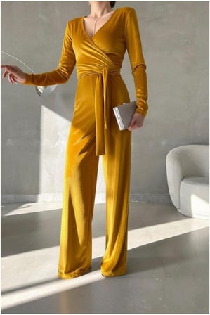 HOBİBAHÇEM Esnek Kruvaze Tulum Kadife Maxi Kuşaklı Yaka Kumaş · Renk: Sarı · Beden: L HB006