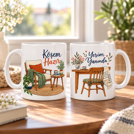 HOBİBAHÇEM Köşem Hazır ve Yerim Yanında 2'li Porselen Kupa Seti - MODEL 556 HB006