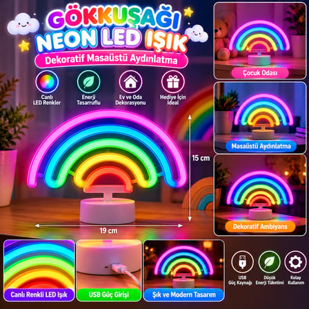 HOBİBAHÇEM Plastik Gökkuşağı Neon LED Işık – Dekoratif Renkli Masaüstü ve Ambiyans Aydınlatması HB006