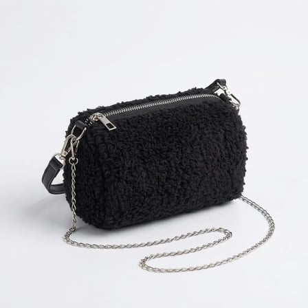 HOBİBAHÇEM Siyah Peluş Kadın Omuz ve El Çantası 18x12 cm Zincir Askılı Yumuşak Dokulu Mini Çanta HB006