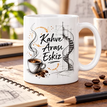 HOBİBAHÇEM Kahve Arası Eskiz Tasarımlı Porselen Kupa - MODEL 465 HB006