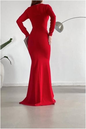 HOBİBAHÇEM V Yırtmaçlı Elbise Maxi Kollu Abiye Yaka Uzun · Renk: Kırmızı · Beden: L HB006