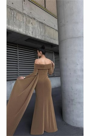 HOBİBAHÇEM Kayık Elbise Dekolteli Maxi Kollu Abiye Yaka Uzun · Renk: Altın · Beden: M HB006