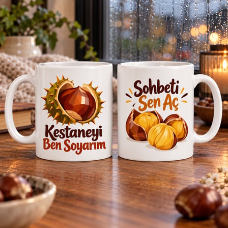 HOBİBAHÇEM Kestane Sohbeti 2'li Porselen Kupa Seti - MODEL 604 HB006